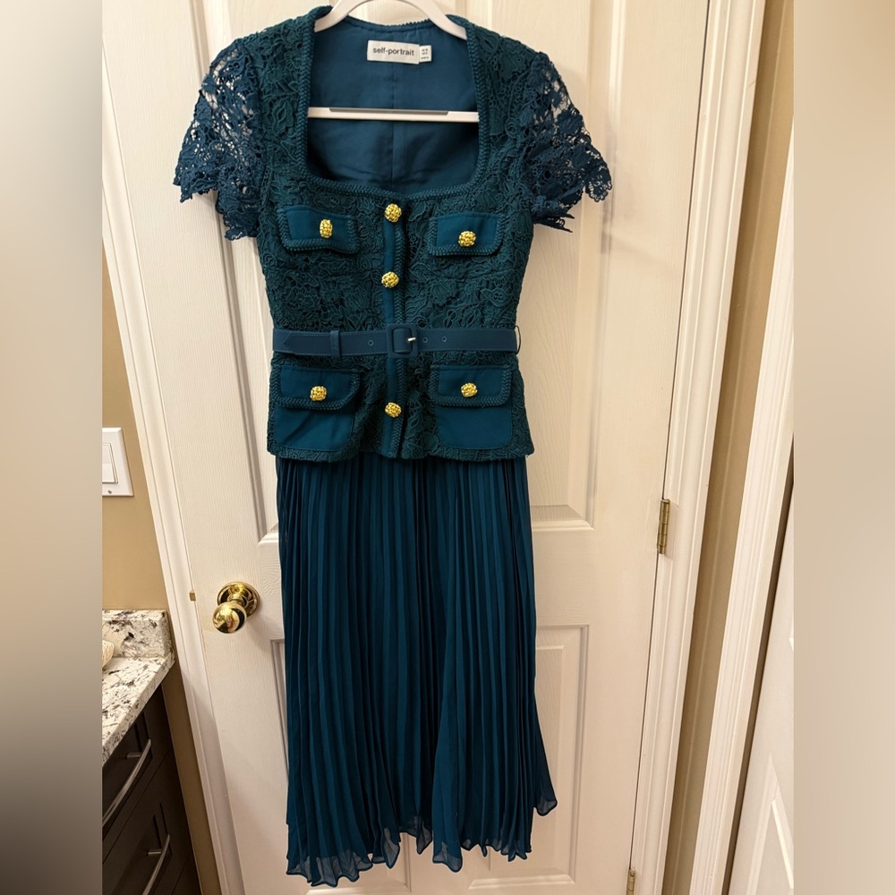 self portrait TEAL LACE BODICE MIDI DRESS - Picture 15 of 16